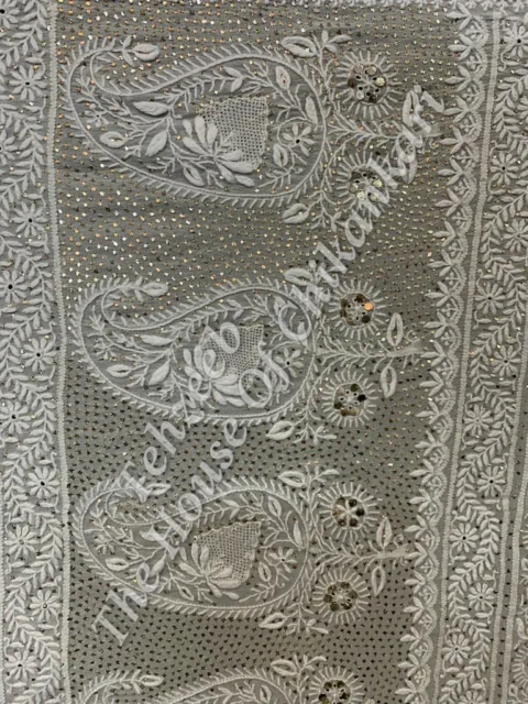 Antique Designer Lucknowi Chikan Saree, Grey Paisley Border