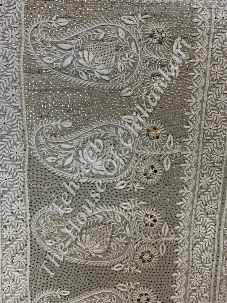 Antique Designer Lucknowi Chikan Saree, Grey Paisley Border