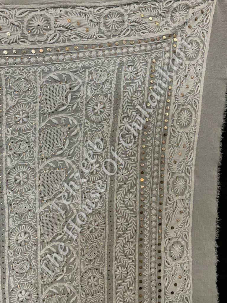 Antique Designer Lucknowi Chikan Saree, Grey Paisley Border, detail 2