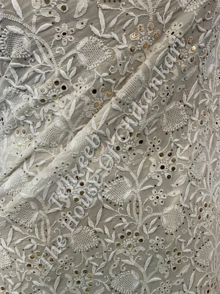 Antique Designer Lucknowi Chikan Saree, Grey Paisley Border, detail 4