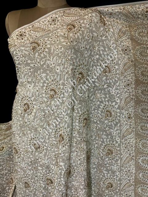Antique Designer Lucknowi Chikan Saree, Ivory Floral Jaal