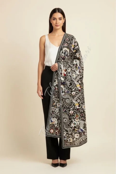 Antique Parsi Gara Hand Embroidered Dupatta, Black with Multicolour Florals