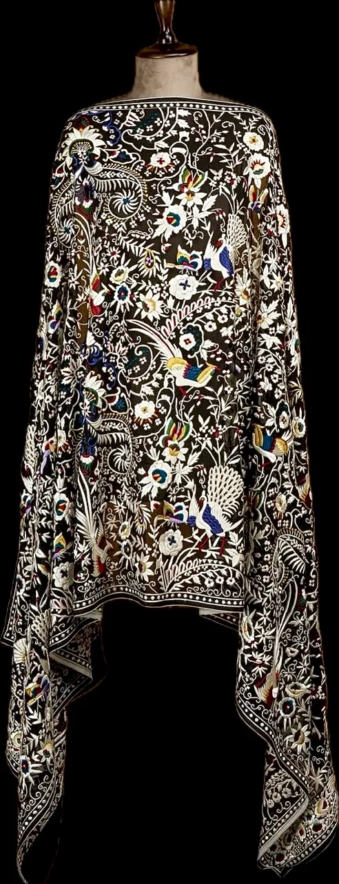 Antique Parsi Gara Hand Embroidered Dupatta, Black with Multicolour Florals, detail 2