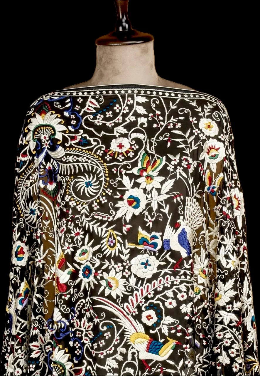 Antique Parsi Gara Hand Embroidered Dupatta, Black with Multicolour Florals, detail 3