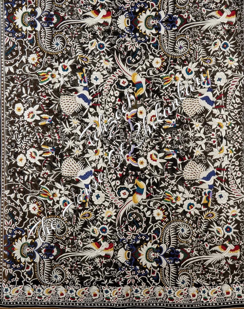 Antique Parsi Gara Hand Embroidered Dupatta, Black with Multicolour Florals, detail 4