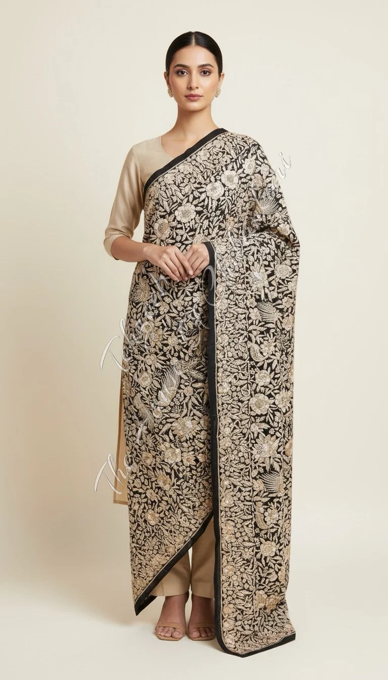 Antique Parsi Gara Hand Embroidered Dupatta, Black with Ivory Florals