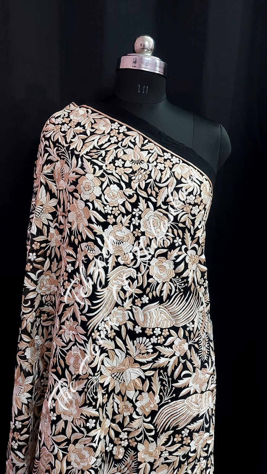 Antique Parsi Gara Hand Embroidered Dupatta, Black with Ivory Florals, detail 2