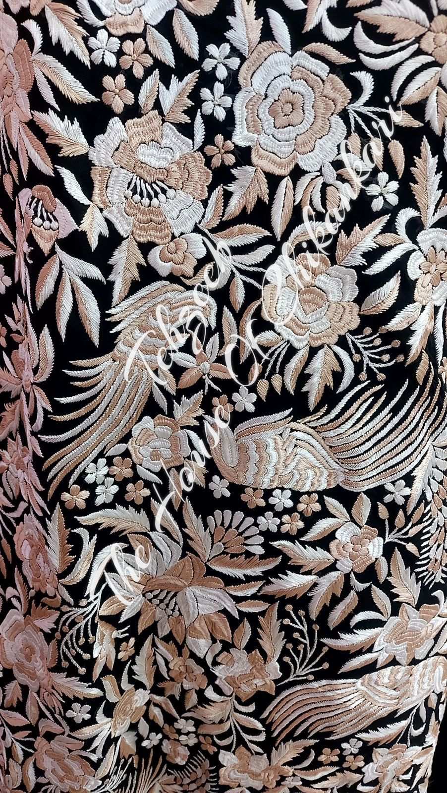 Antique Parsi Gara Hand Embroidered Dupatta, Black with Ivory Florals, detail 3