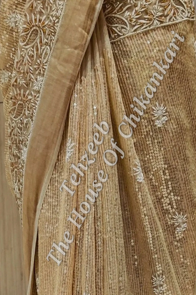 Antique Pure Tissue Silk Lucknowi Chikan Saree, detail 4