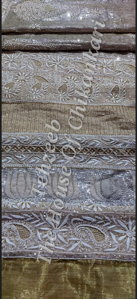 Antique Pure Tissue Silk Lucknowi Chikan Saree, detail 6