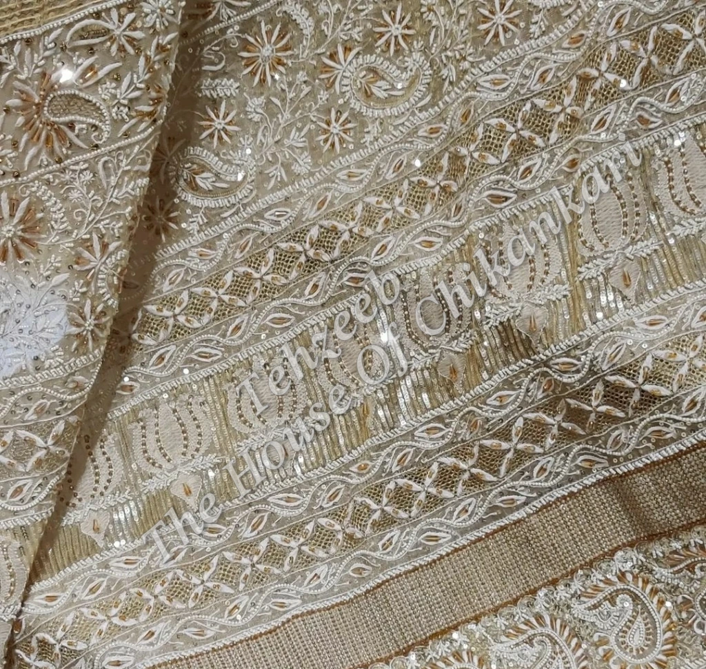 Antique Pure Tissue Silk Lucknowi Chikan Saree, detail 7