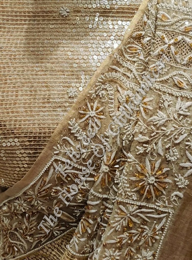 Antique Pure Tissue Silk Lucknowi Chikan Saree, detail 8