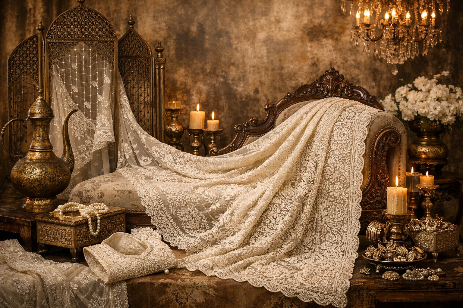A luxury handcrafted Lucknowi chikankari couture display highlighting authentic hand embroidery, heritage artistry, and timeless elegance by Tehzeeb The House of Chikankari.