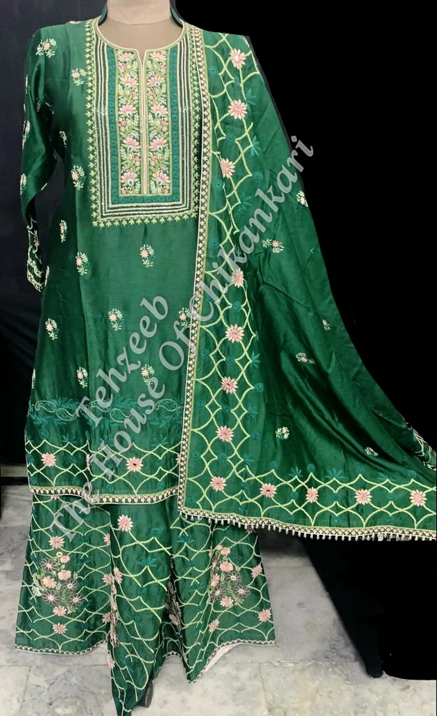 Awadhi Elegance - Pure Silk Lucknowi Chikankari Sharara Suit, detail 2