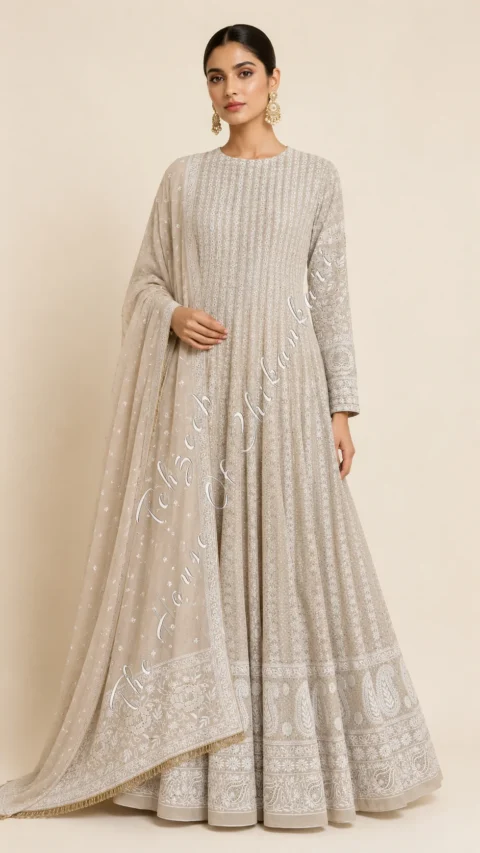 Beige Georgette Chikankari Anarkali Suit - 40 Kali