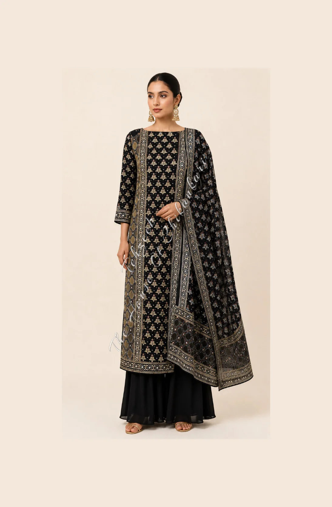 Black Ajrakh Modal Silk Suit Set - Lucknowi Chikankari & Zardozi Jaali