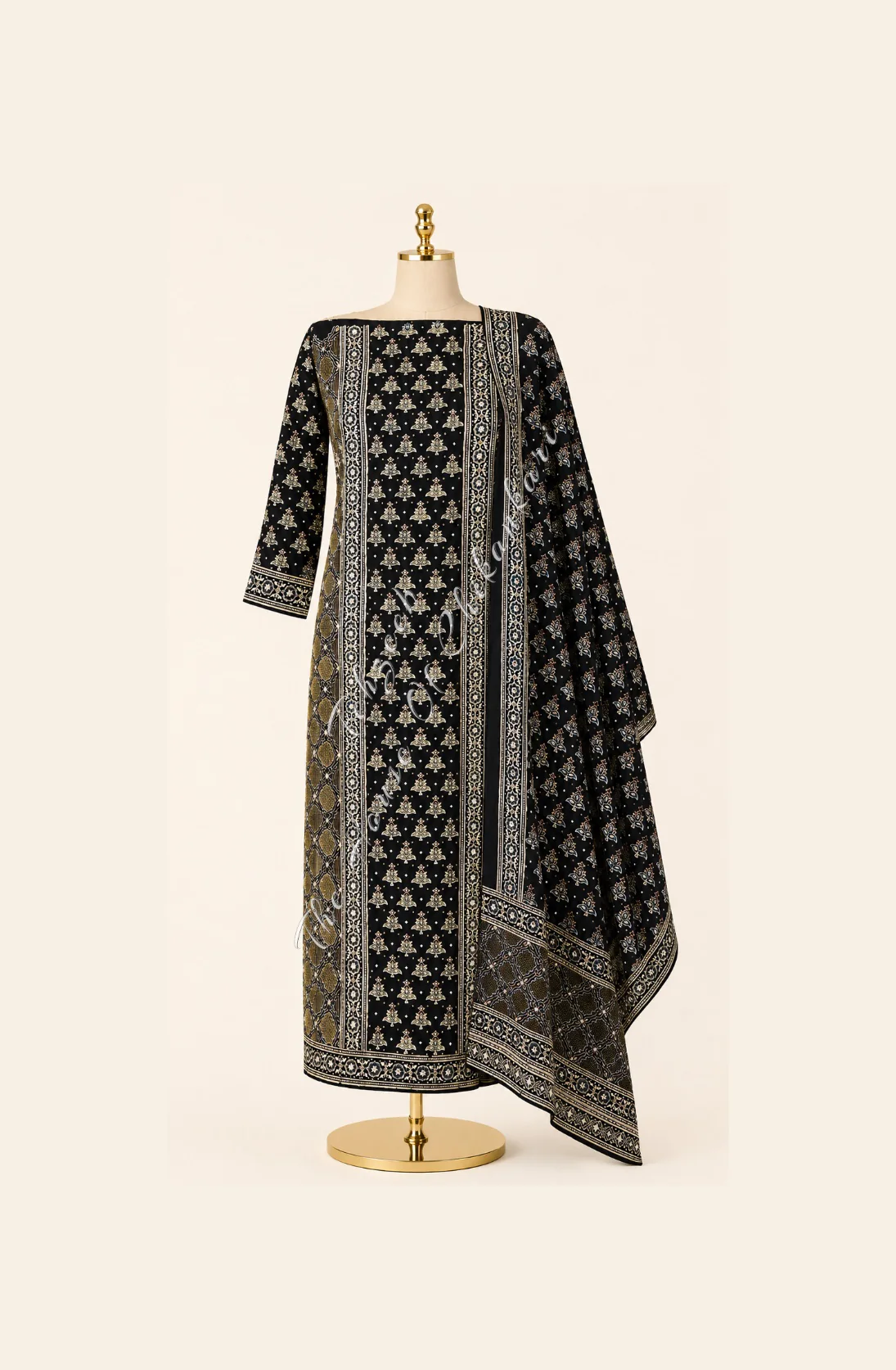 Black Ajrakh Modal Silk Suit Set - Lucknowi Chikankari & Zardozi Jaali, detail 2