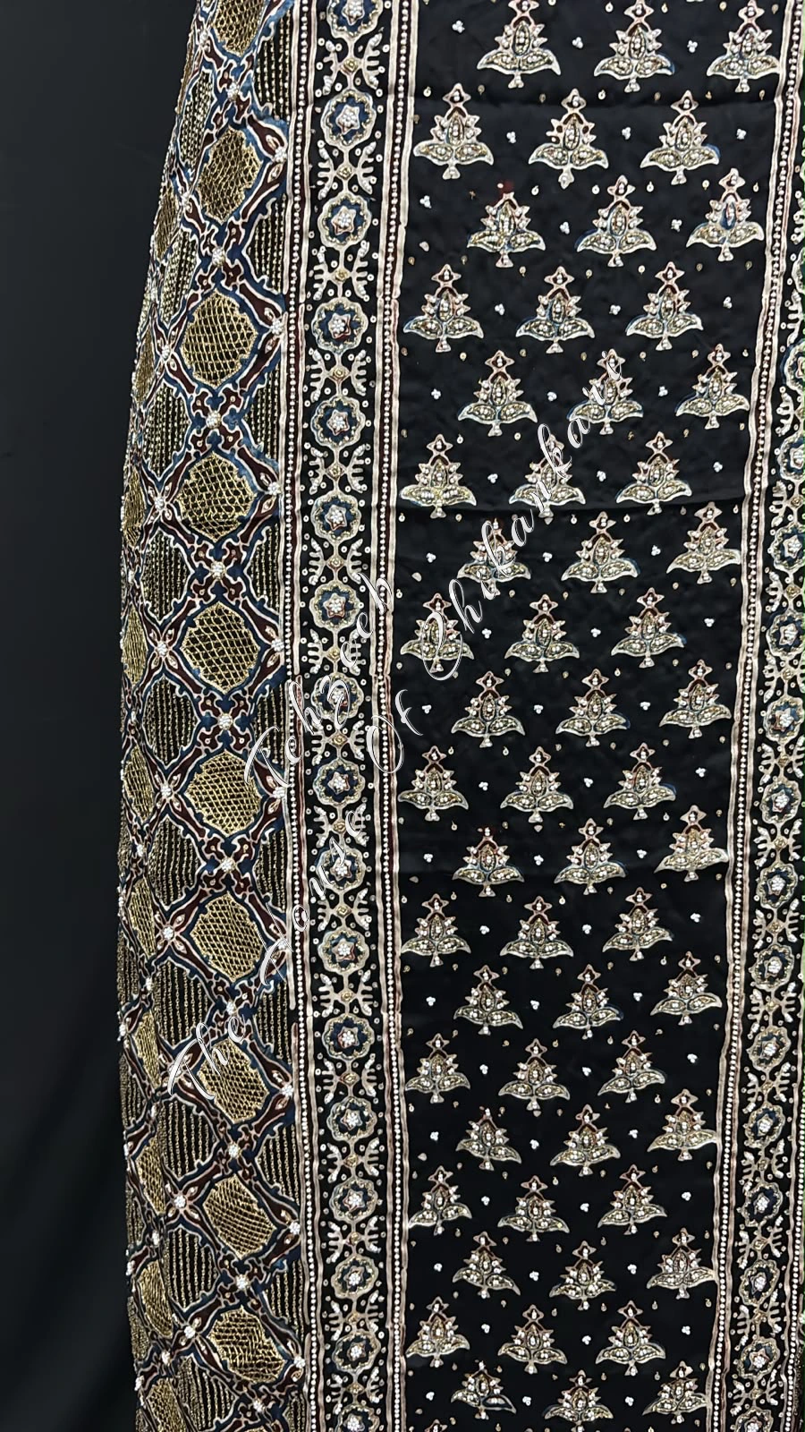 Black Ajrakh Modal Silk Suit Set - Lucknowi Chikankari & Zardozi Jaali, detail 3