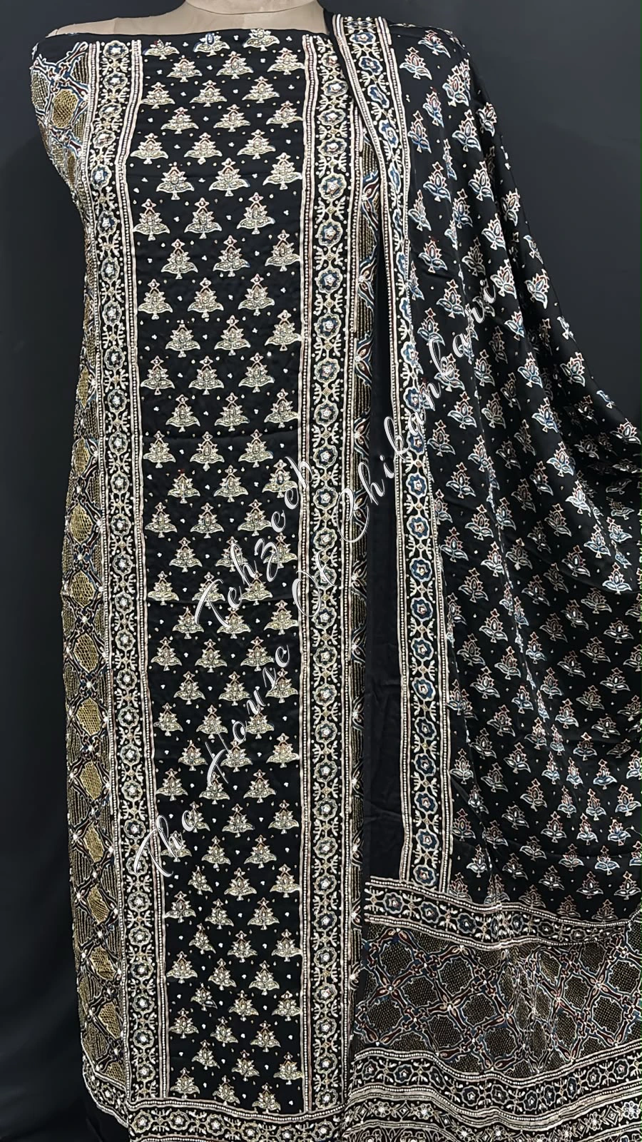 Black Ajrakh Modal Silk Suit Set - Lucknowi Chikankari & Zardozi Jaali, detail 4