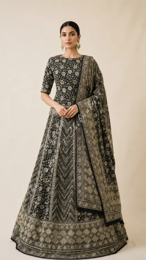 Black Georgette Chikankari Lehenga Set - Chevron & Antique Zardozi