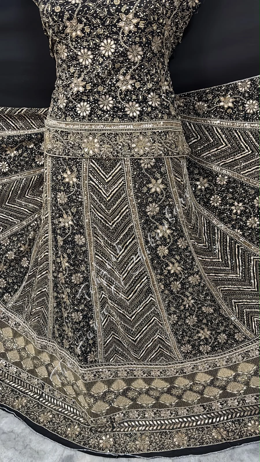 Black Georgette Chikankari Lehenga Set - Chevron & Antique Zardozi, detail 2
