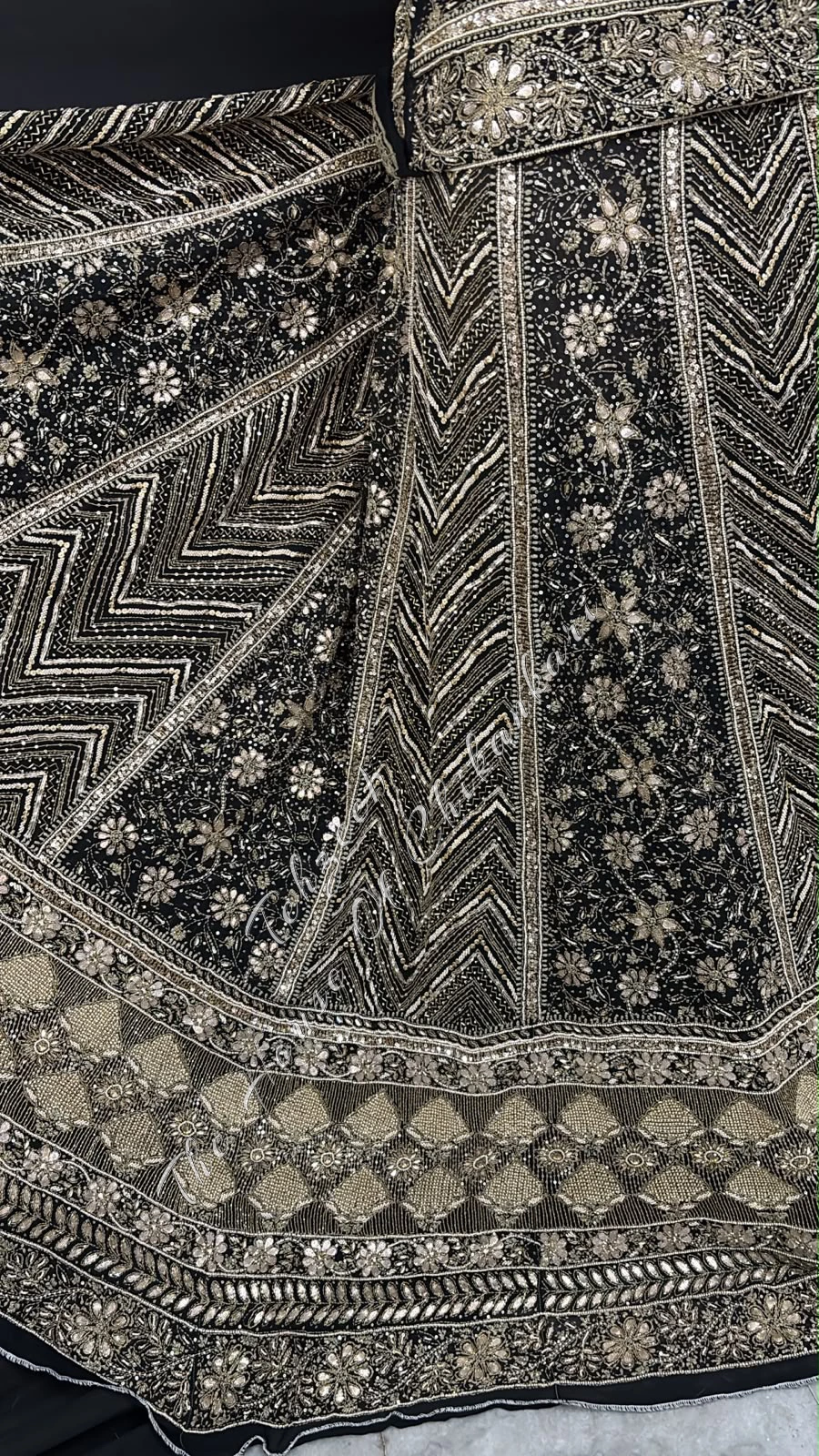 Black Georgette Chikankari Lehenga Set - Chevron & Antique Zardozi, detail 3