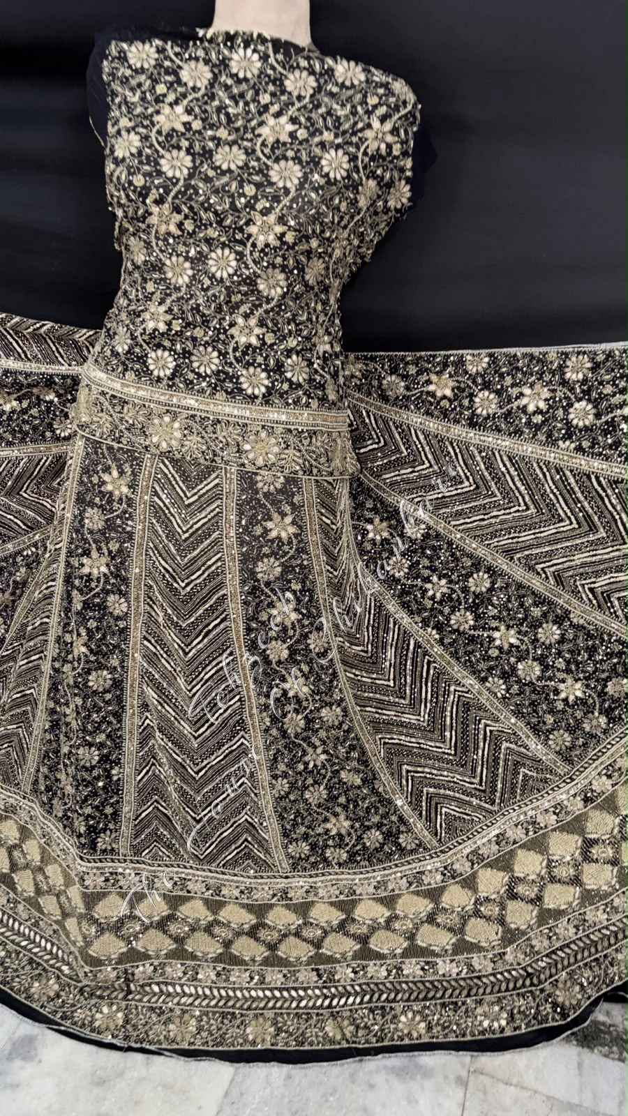 Black Georgette Chikankari Lehenga Set - Chevron & Antique Zardozi, detail 5