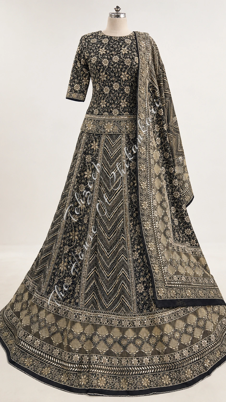 Black Georgette Chikankari Lehenga Set - Chevron & Antique Zardozi, detail 6