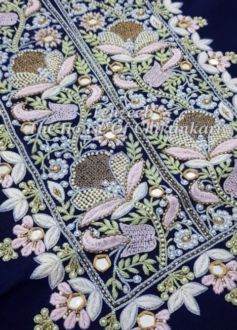 Chanderi Zardosi Chikankari Suit, Navy with Ivory Florals