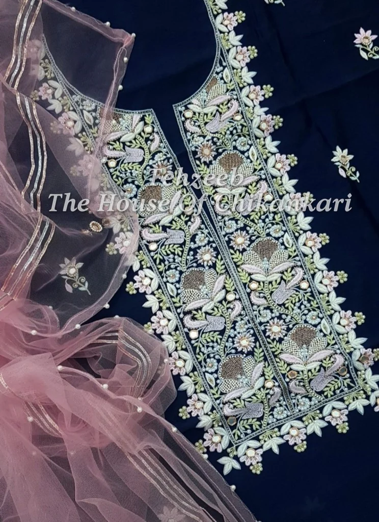 Chanderi Zardosi Chikankari Suit, Navy with Ivory Florals, detail 2