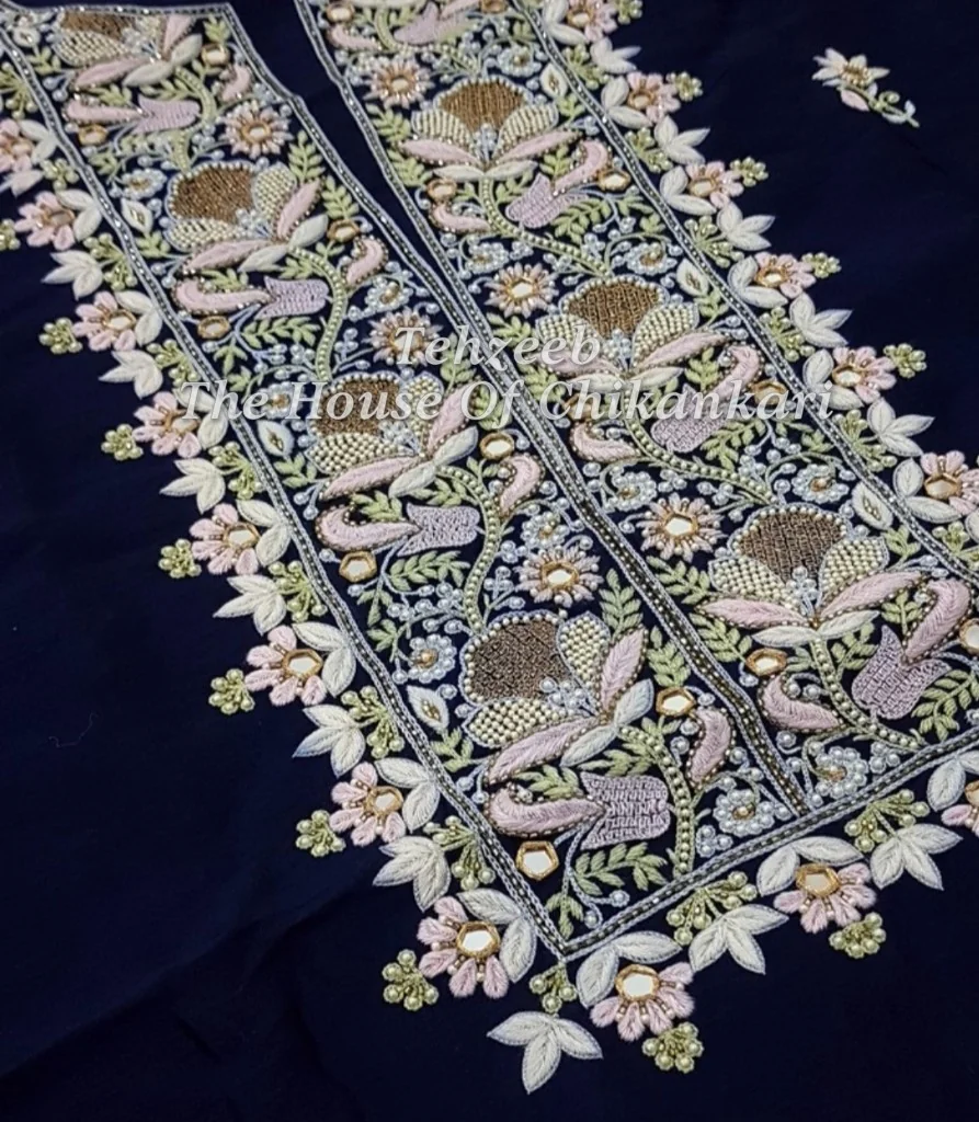 Chanderi Zardosi Chikankari Suit, Navy with Ivory Florals, detail 3