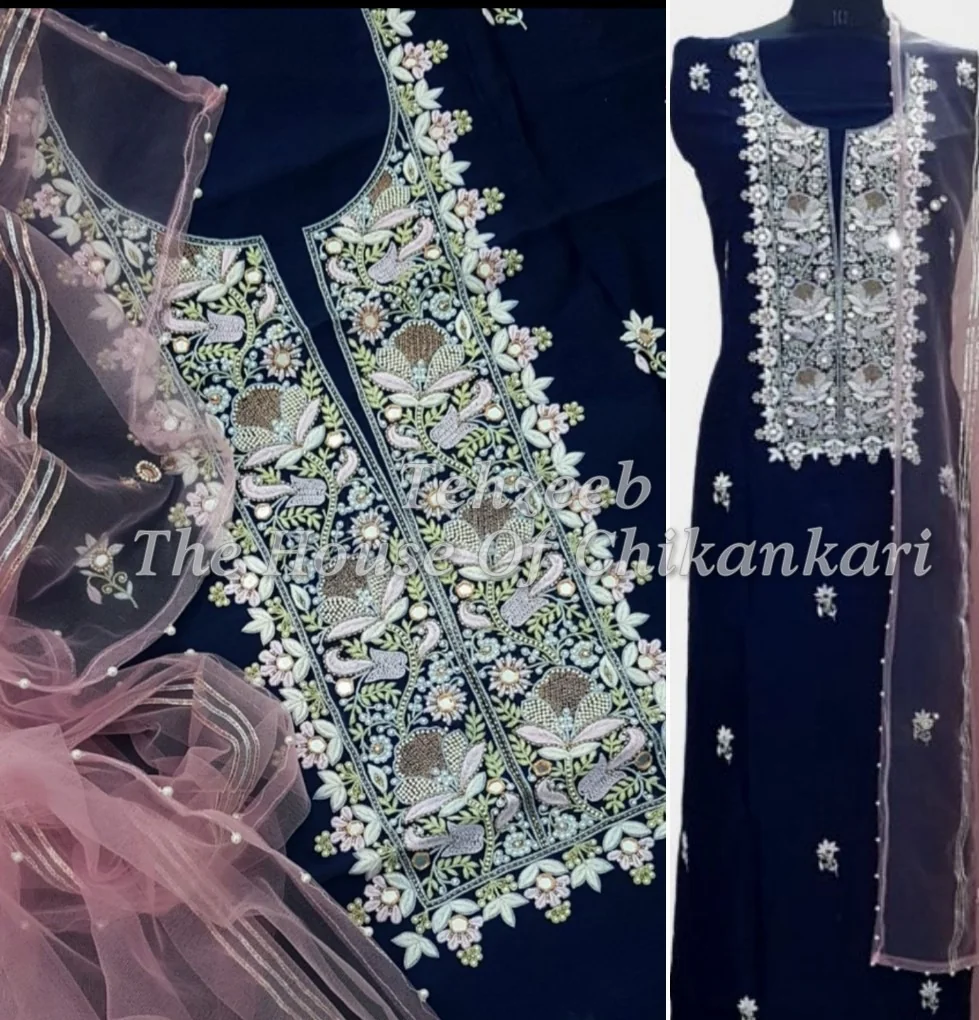 Chanderi Zardosi Chikankari Suit, Navy with Ivory Florals, detail 4