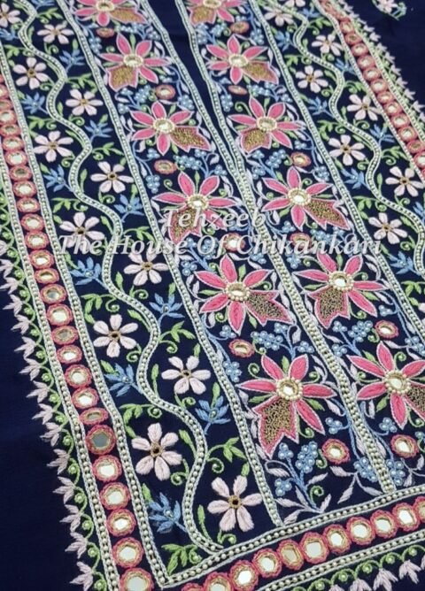 Chanderi Zardosi Chikankari Suit, Navy with Pink Florals