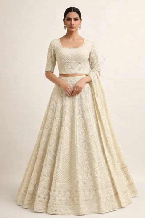 Chevron Lucknowi Chikan Lehenga Set of Mukaish Kamdani