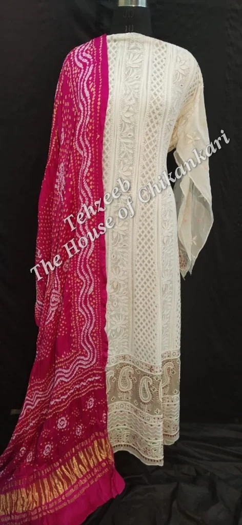 Chikankari Anarkali with Bandhani Silk Dupatta