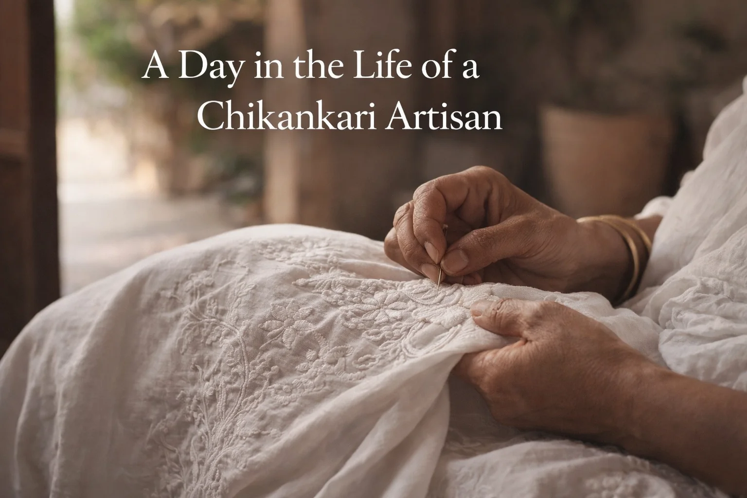 Chikankari artisan hand-embroidering white fabric in natural light showcasing traditional Indian hand embroidery