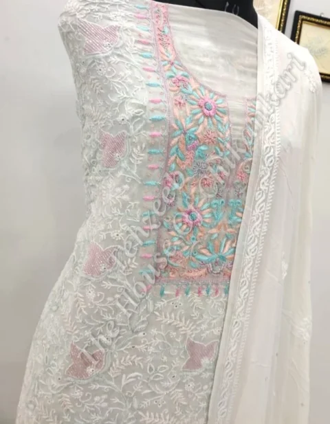 Designer Chikankari Parsigara Suit, White with Aqua & Pink Yoke