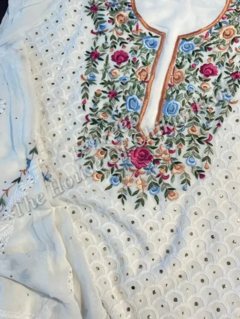 Designer Chikankari Parsigara Suit, Ivory with Rose Parsi Yoke