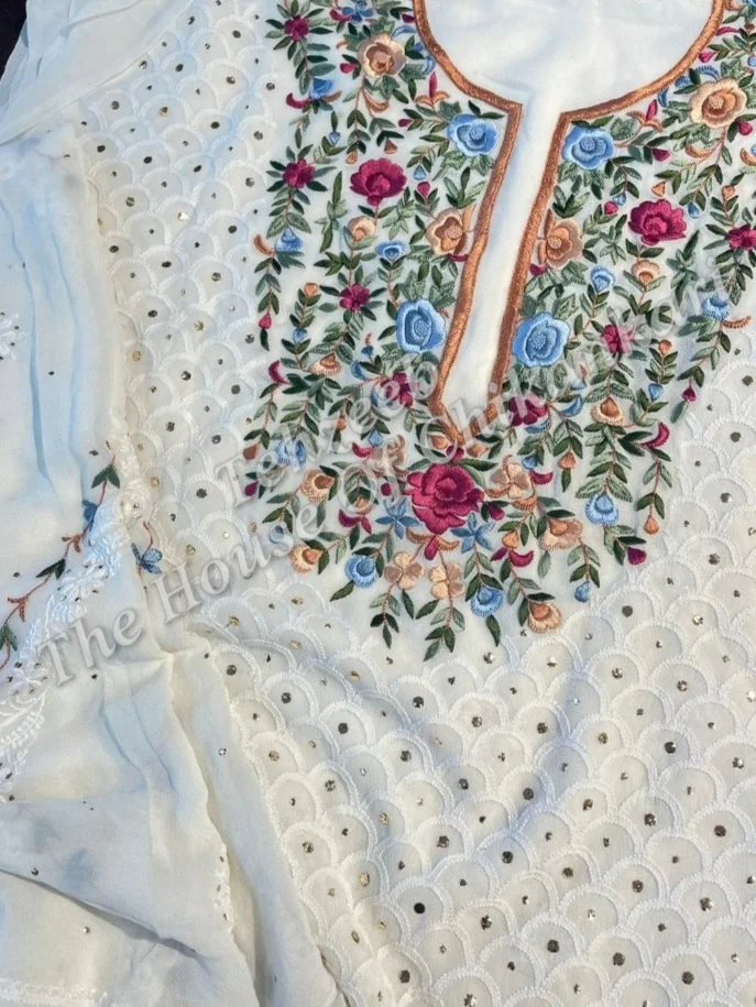 Designer Chikankari Parsigara Suit, Ivory with Rose Parsi Yoke