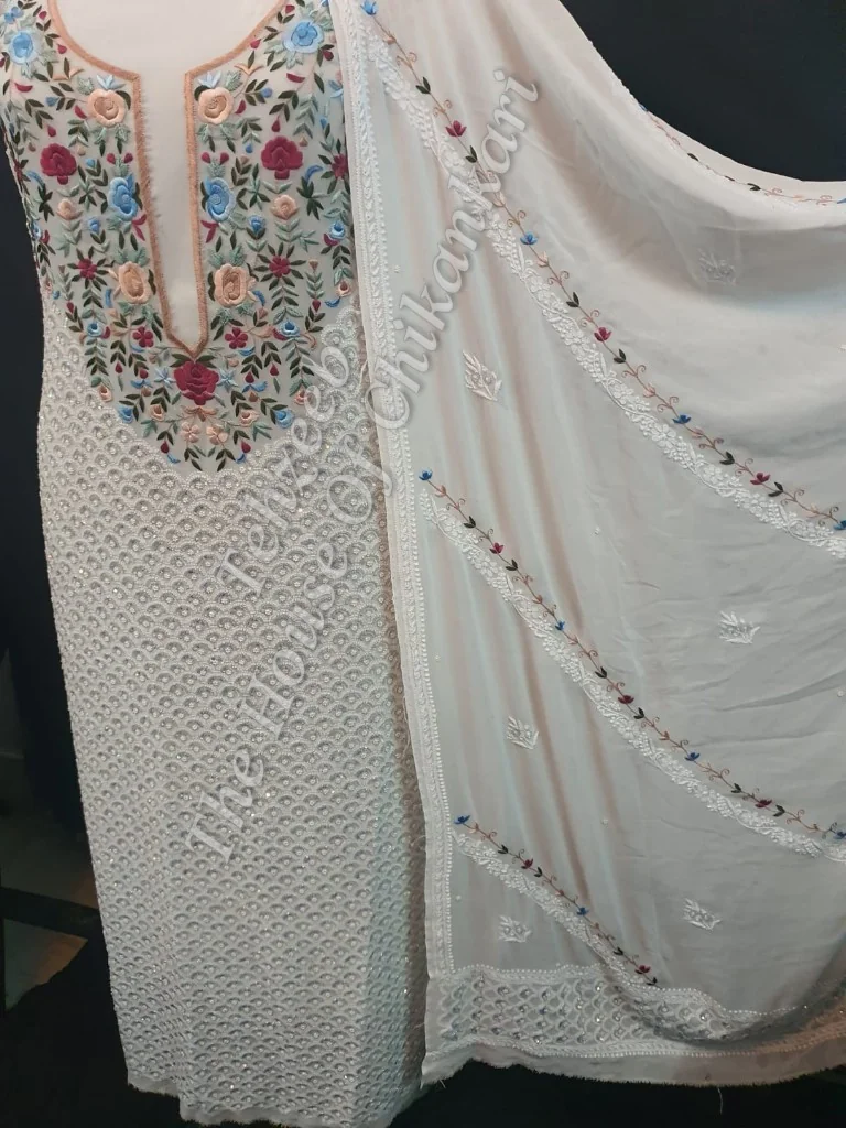 Designer Chikankari Parsigara Suit, Ivory with Rose Parsi Yoke, detail 2