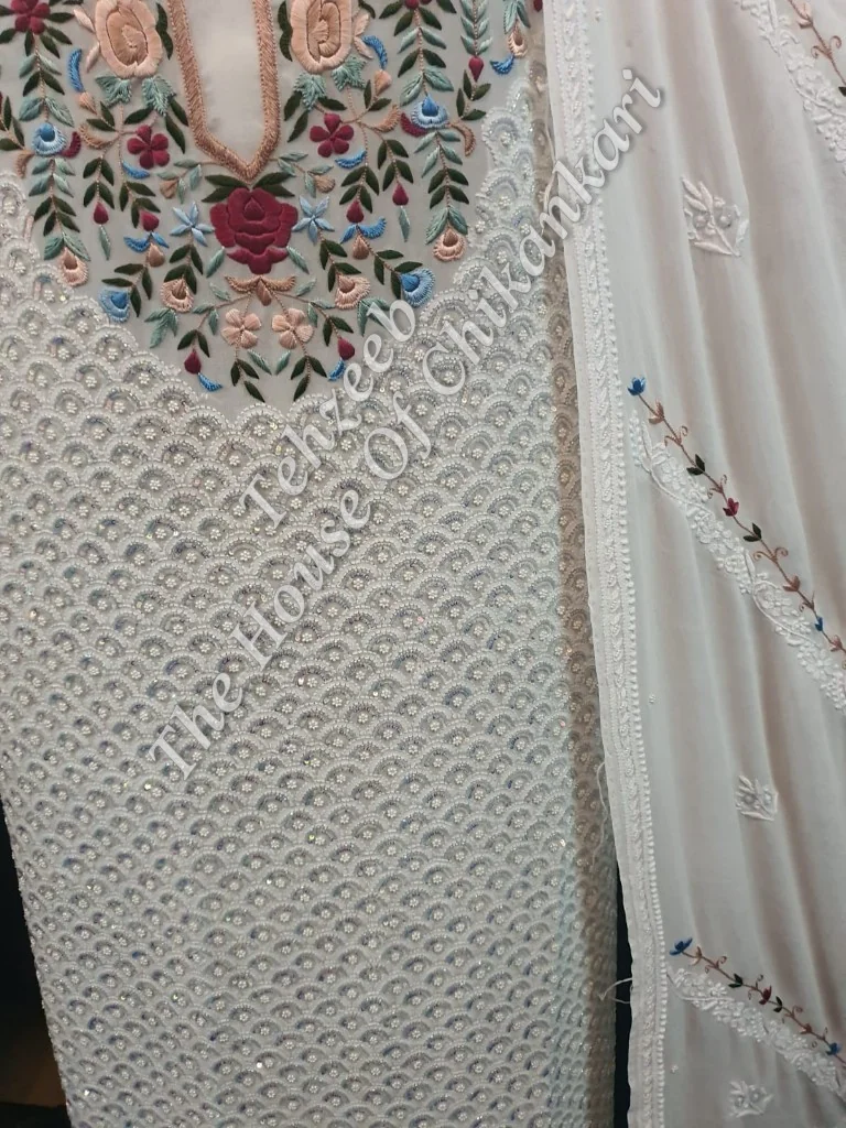Designer Chikankari Parsigara Suit, Ivory with Rose Parsi Yoke, detail 3