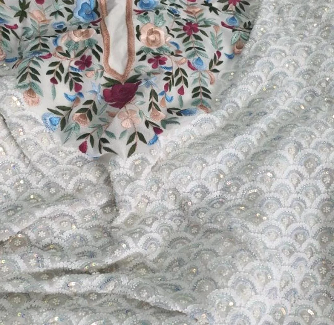 Designer Chikankari Parsigara Suit, Ivory with Rose Parsi Yoke, detail 4