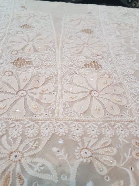 Designer Do Taar Chikankari Suit, Ivory with Mirror Florals
