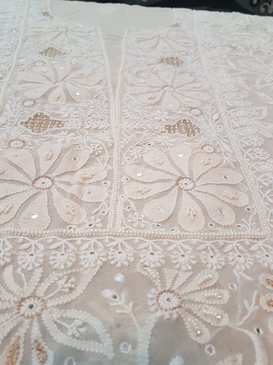 Designer Do Taar Chikankari Suit, Ivory with Mirror Florals