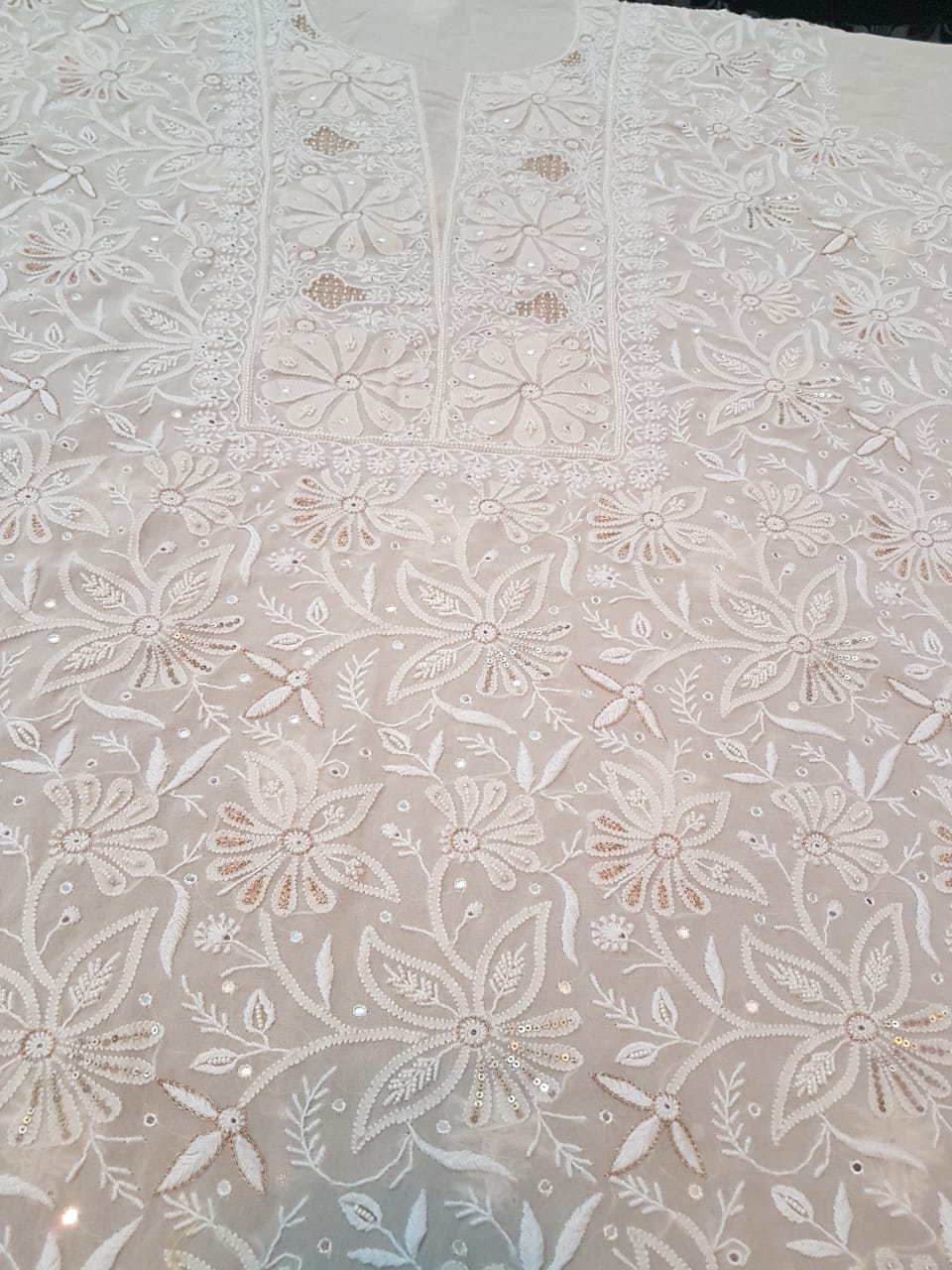 Designer Do Taar Chikankari Suit, Ivory with Mirror Florals, detail 2