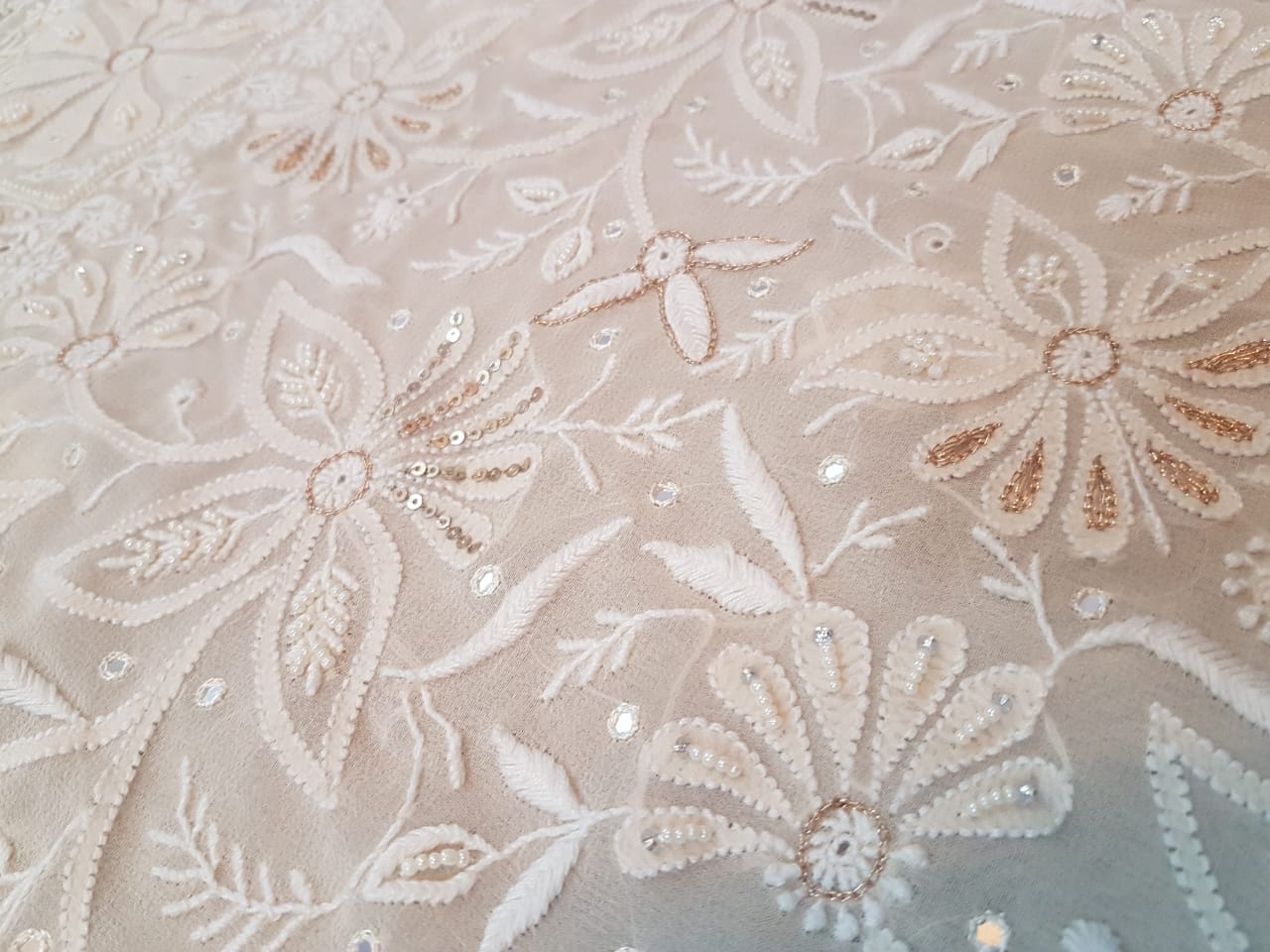Designer Do Taar Chikankari Suit, Ivory with Mirror Florals, detail 3