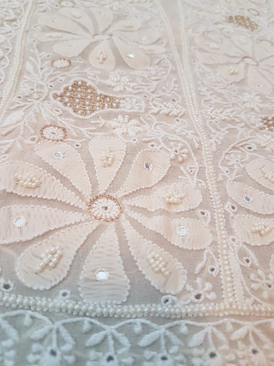 Designer Do Taar Chikankari Suit, Ivory with Mirror Florals, detail 4