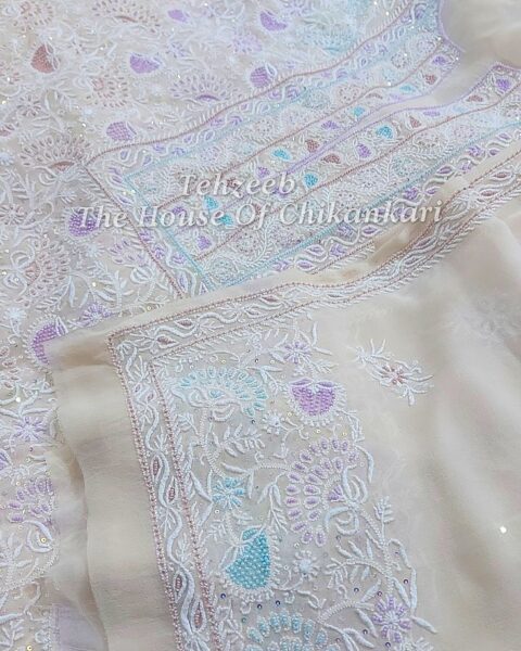 Designer Do Taar Chikankari Suit, Ivory with Pastel Motifs