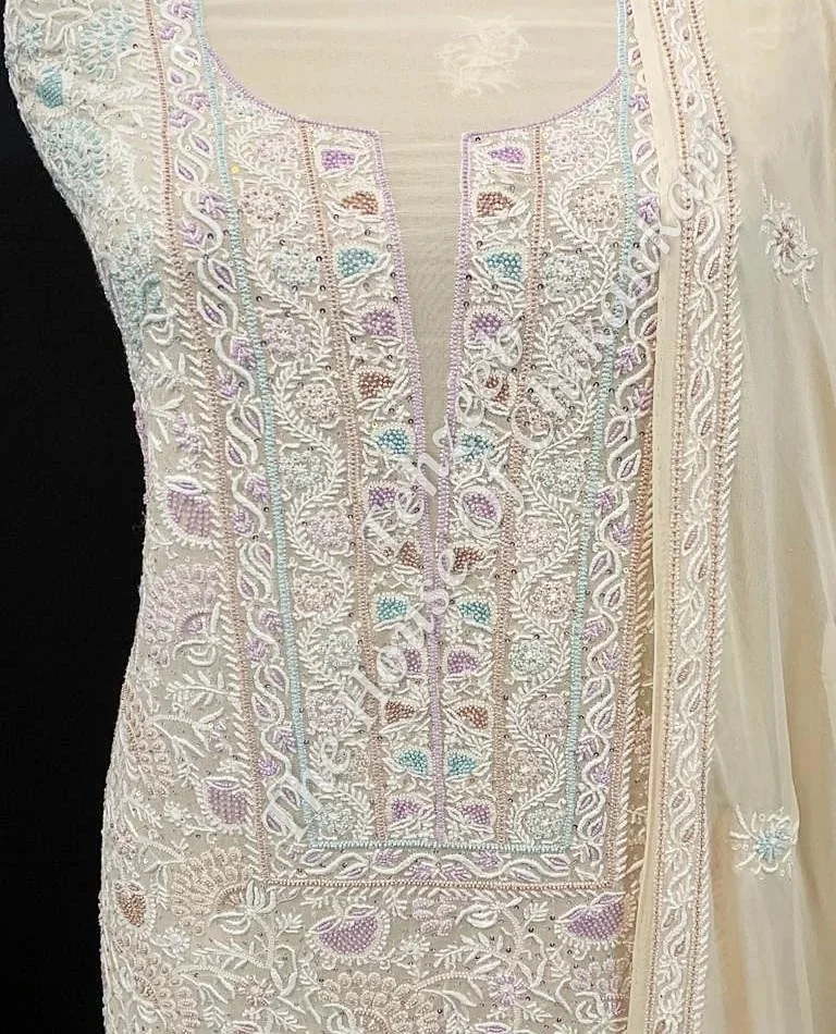 Designer Do Taar Chikankari Suit, Ivory with Pastel Motifs, detail 2