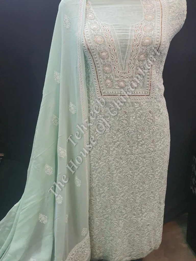 Designer Do Taar Mukaish Chikankari Suit, detail 2